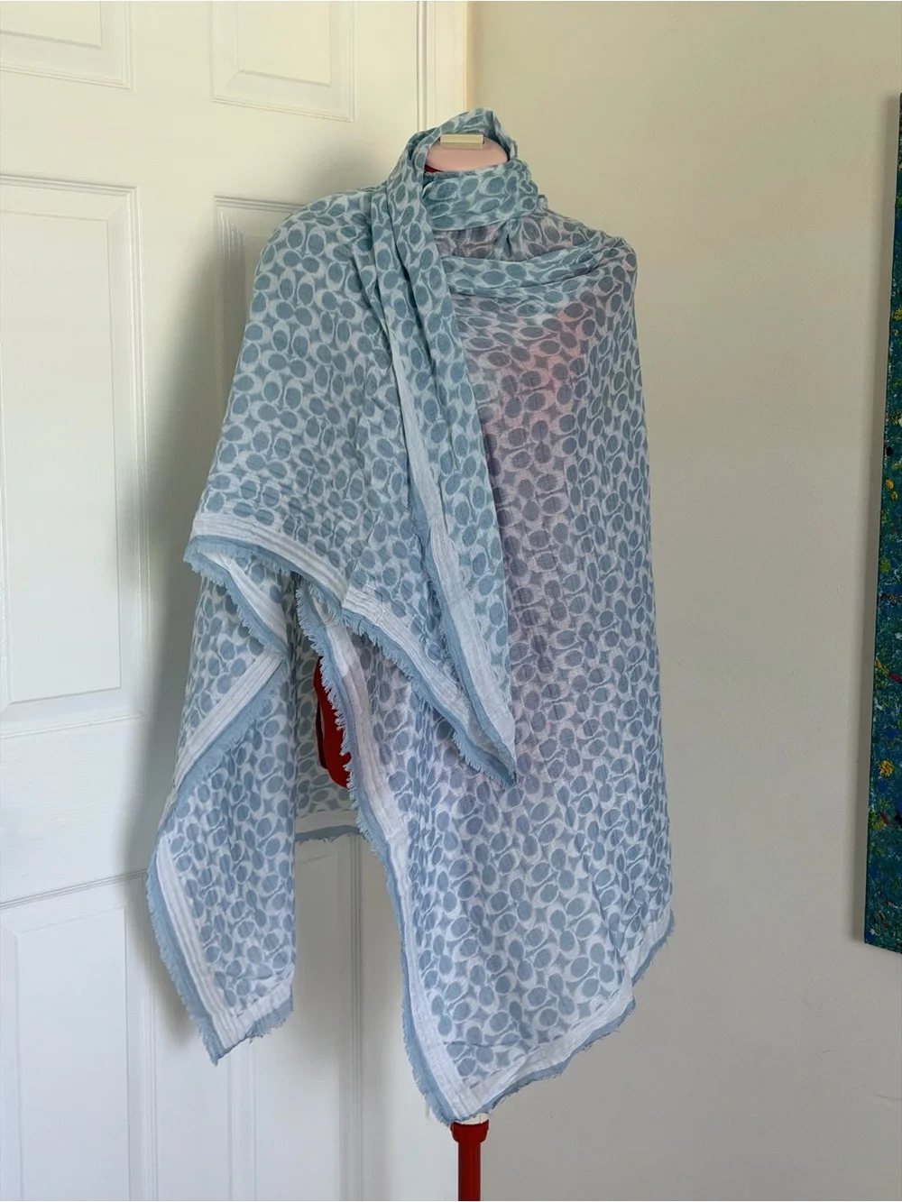 COACH Signature Logo Large Scarf Wrap Stole Baby Blue White Cotton Silk Blend